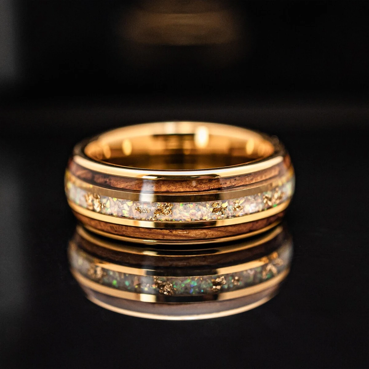 8MM Gold Tungsten Carbide Men's Wedding Bands 18k Gold Leaf White Opal Whiskey Barrel Fashion Engagement Promise Daily Rings