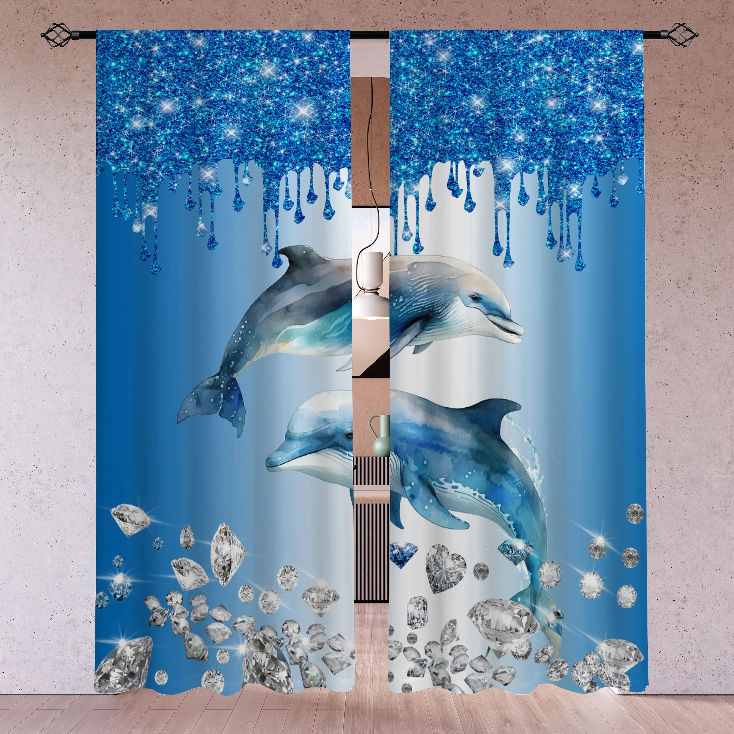 2pcs Diamond Dolphin Curtains Ocean Fantasy Print Blackout Drape Living Room Bedroom Window Treatment Home Decor