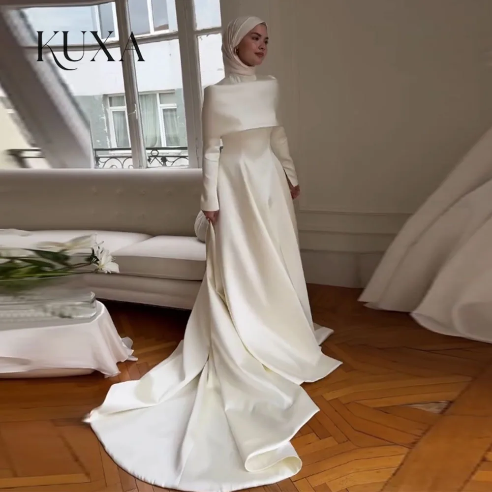 KUXA Maßgeschneiderte Muslimische Elegante Hochzeitskleider A-Linie Bodenlang Lange Ärmel Knöpfe Plissiert فساتين طويلة 2026