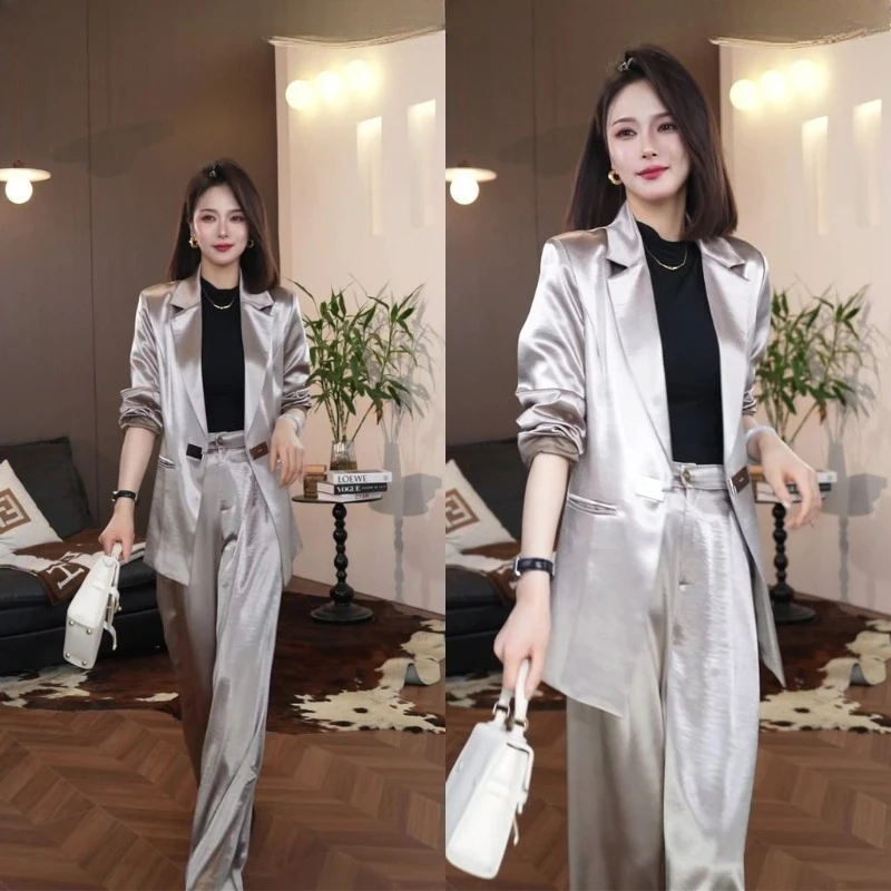 

Легкий роскошный элитный модный повседневный костюм, летний костюм, новая куртка, комплект из двух предметов, атласный темпераментный свежий корейский удобный 2025