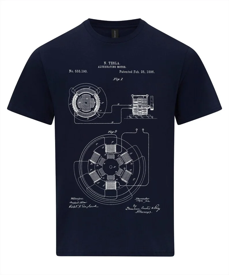 نيكولا تيسلا محرك التيار المتردد براءة اختراع مخطط مولد التيار المتردد تي شيرت شخصية عالية الجودة طباعة الرجال والنساء نفس النمط الشارع القمم