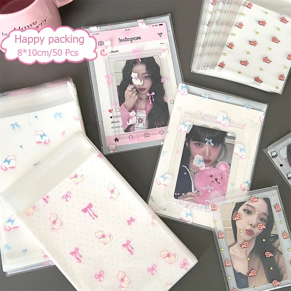 50 adet Kore INS Sevimli Hayvan Şeffaf Kendinden yapışkanlı Çanta Kpop Idol 3 inç Fotocard DIY Dekor Ambalaj Cep Kawaii Hediye Paketi