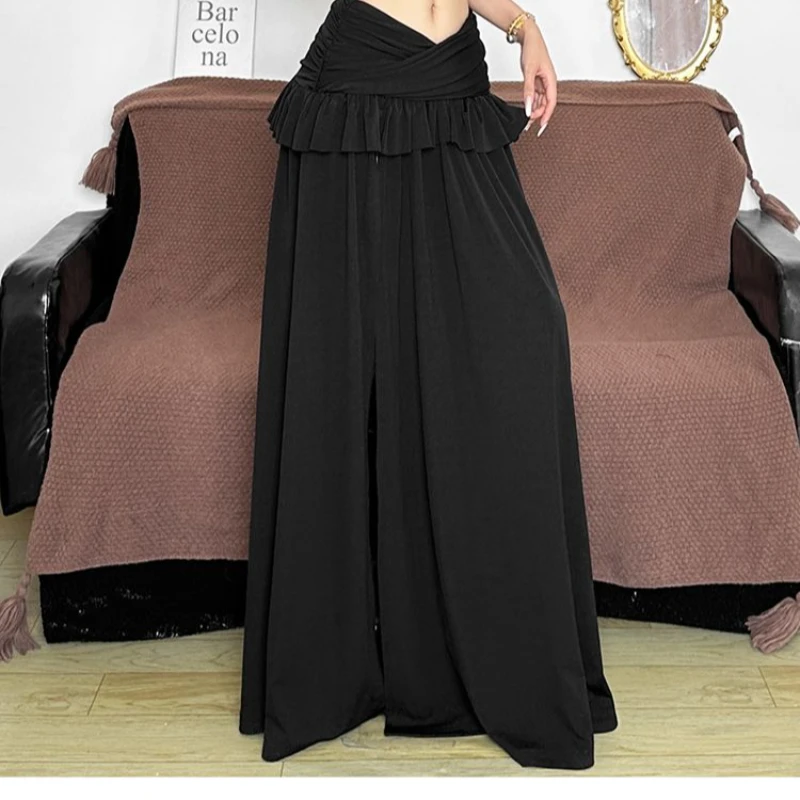 Edgy Vintage Streetwear for Spring Summer Women's Gothic Sweet High Slit Maxi Skirt -Black Cross Waist Ruffle Detail Long Skirt view 5