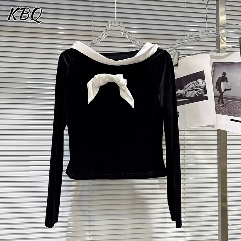 

KBQ Hit Color Spliced Bow Tie Pin Loose T Shirt for Women Round Neck Long Sleeve Elegant Niche Design Tops Female Winter Style