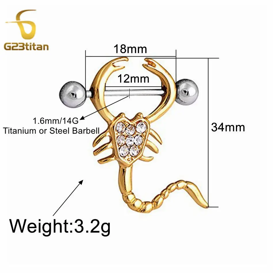 G23Titan 2pcs Crystal Scorpion Nipple Ring 14G Stainless Steel or Titanium Barbell Nipple Piercing For Women Sexy Beach Jewelry