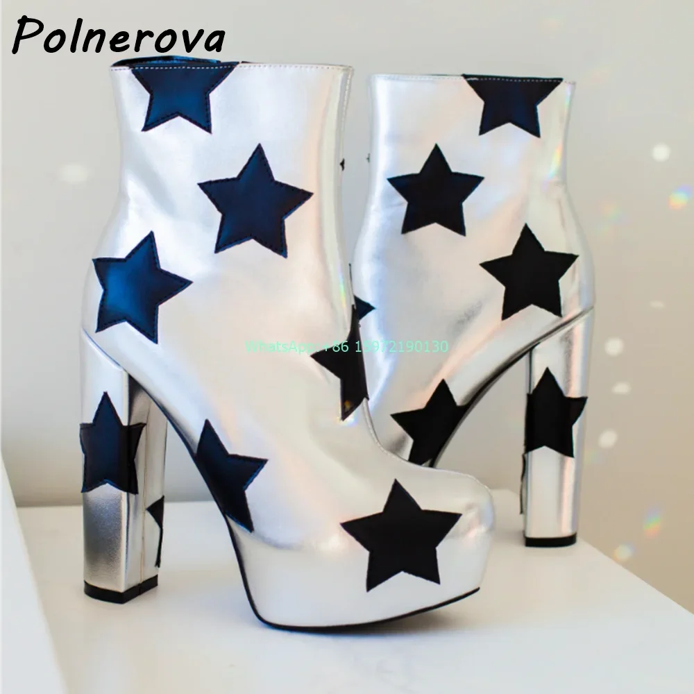 

Five-Pointed Star Mixed Color Boots Round Toe Chunky Heels Silvery Black Zipper Ankle Shoes Hotties Fashion Platform Shoes 2024