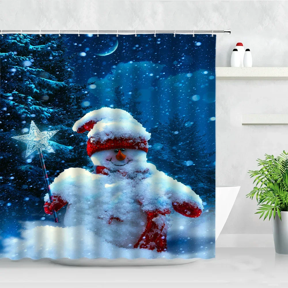 Christmas Tree Winter Snowman Shower Curtains Squirrel Red Bird Retro Style Christmas Bathroom Curtain With Hooks Home Decor Set