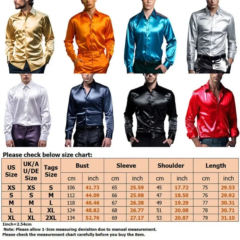 Camisa de cetim de cor sólida masculina moda tendência brilhante manga longa smoking camisa boate festa de casamento dança camisas de vestido de luxo