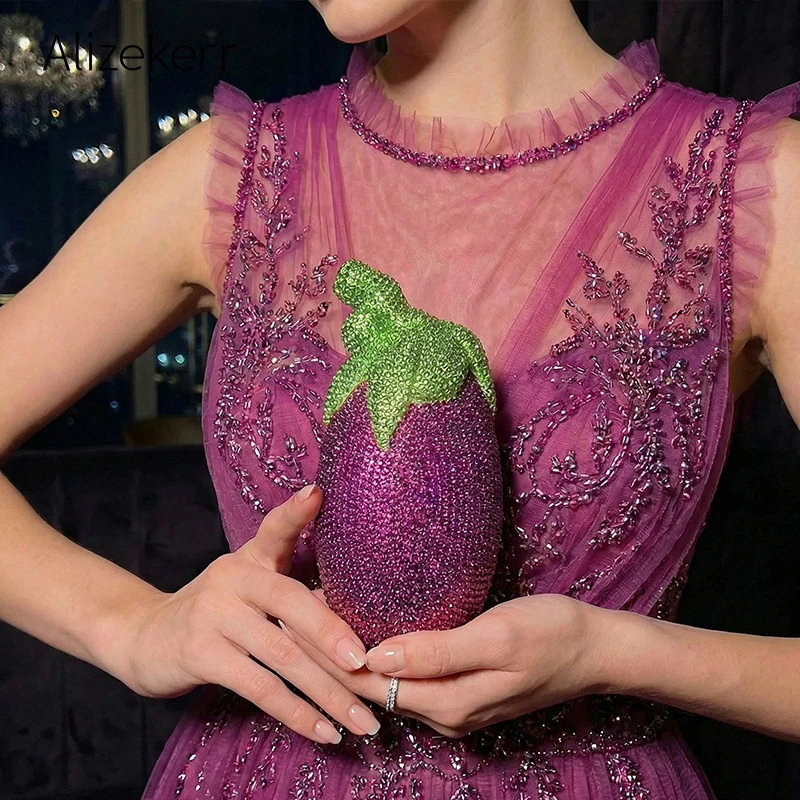 Bolsos de noche con forma de berenjena de Alizekerr, bolsos de noche con diamantes de imitación metálicos para mujer, bolsos únicos para mujer, bolsos para fiesta de boda