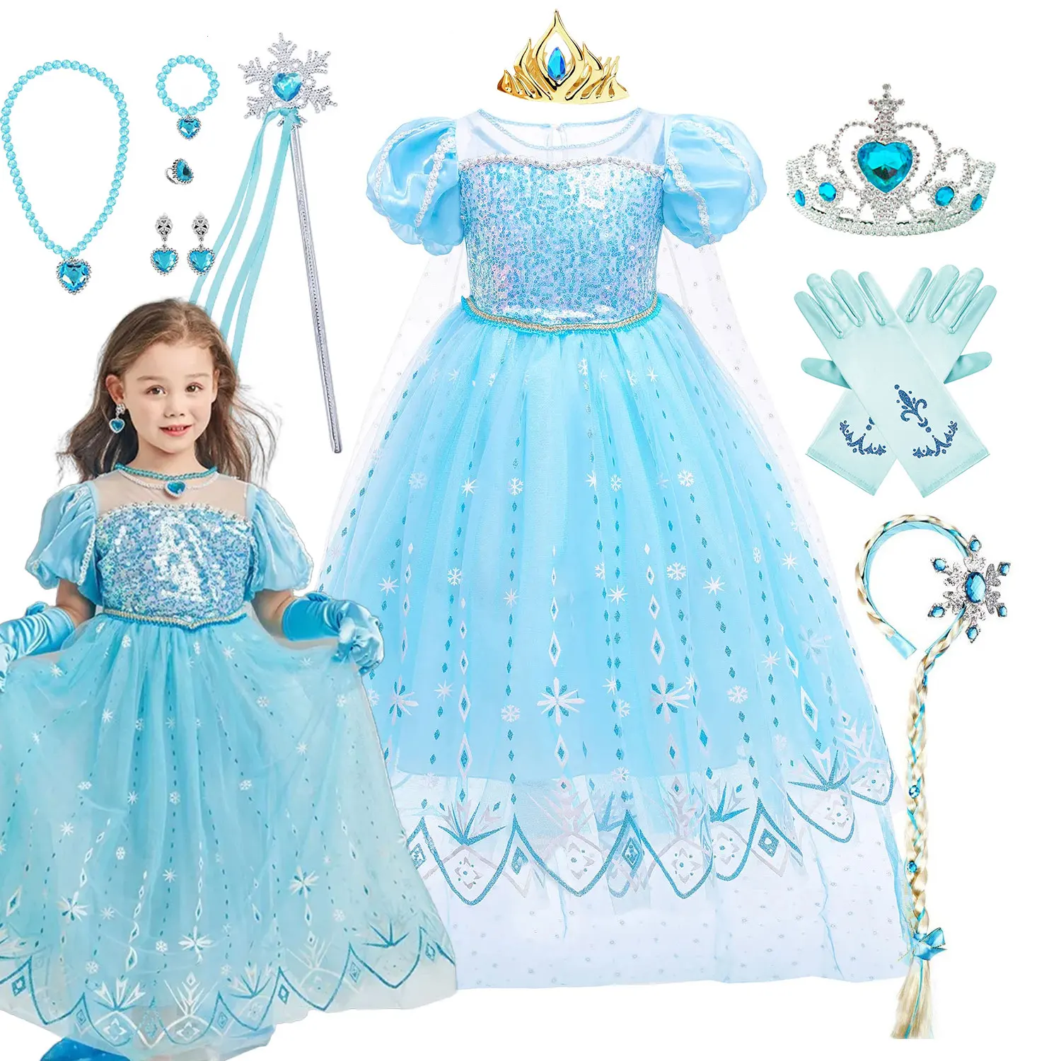 Lovely Elsa Princess Dress Girls 2024 Sequined Shimmering Frozen Cosplay Apparel Children Puffy Snow Queen Ball Gown Halloween