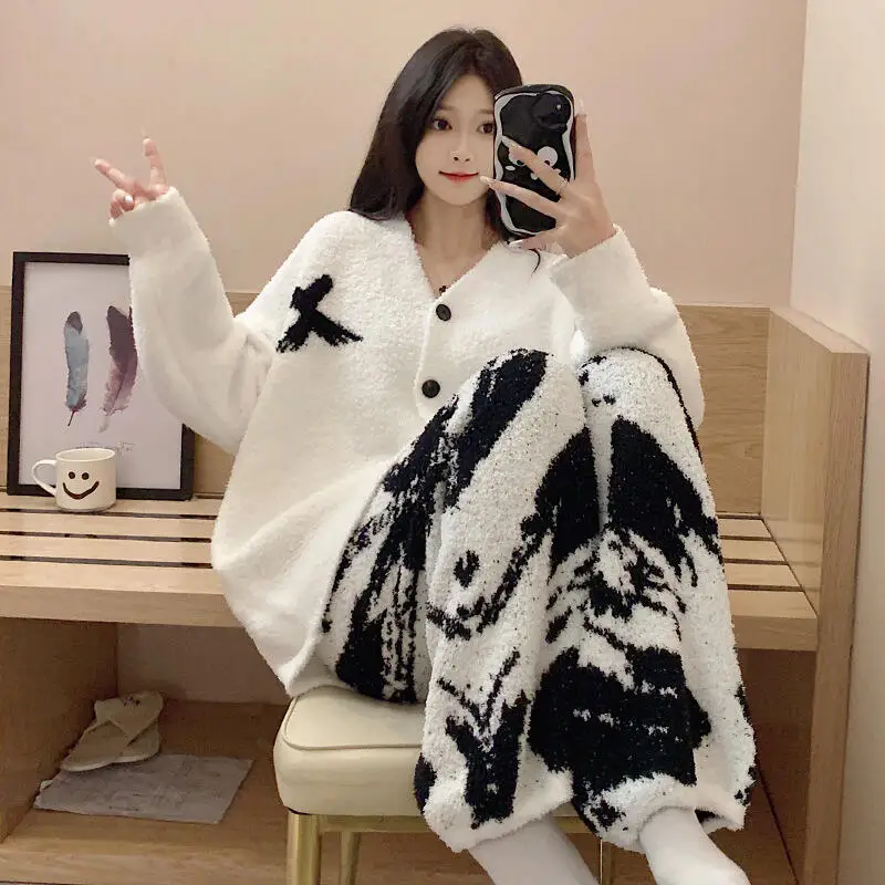 

Осенне-зимний пижамный костюм, женский вязаный кардиган, домашняя одежда, одежда для сна на флисовой подкладке с принтом, утепленная ночная рубашка, оптовая продажа