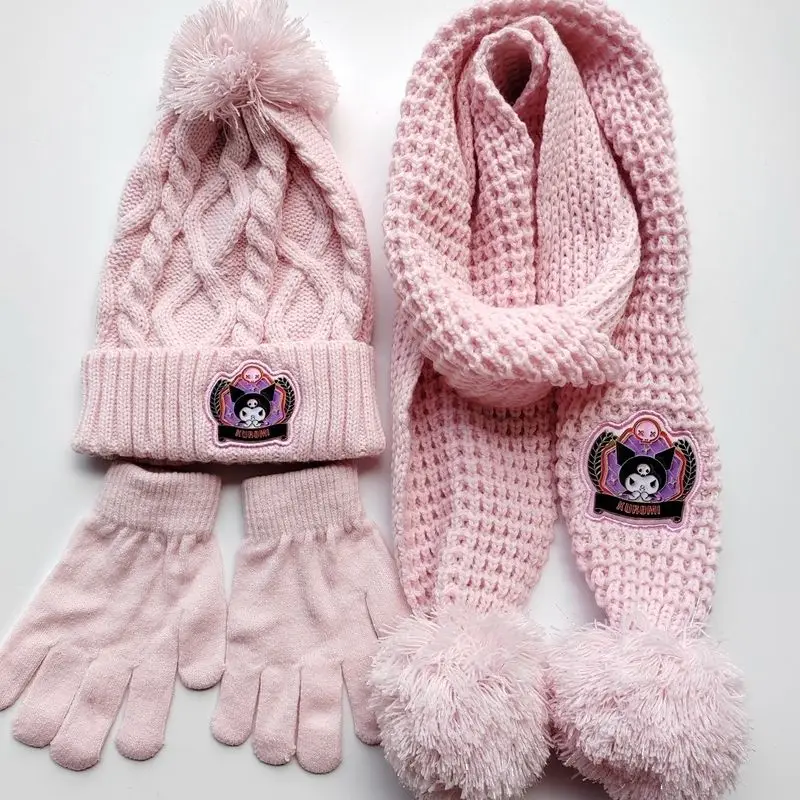 Kawaii Sanrio Kuromi My Melody Cinnamoroll Girls Anime Cartoon Windproof Keep Warm Knitting Hat Scarf Gloves Three Piece Set