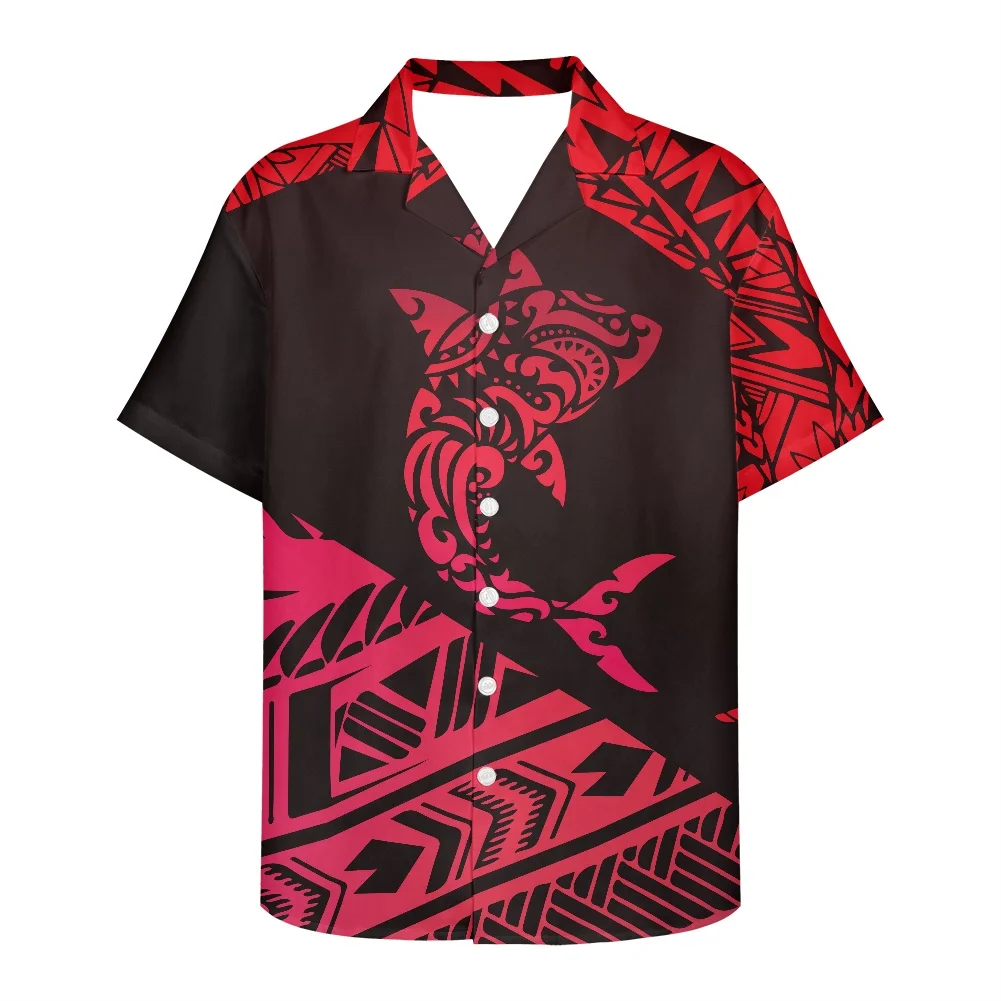 

HYCOOL Shark Polynesian Tribal Shirts For Men Summer Casual Loose Fit Plus Size Hawaiian Shirt For Tonga Samoa Wedding Party Red