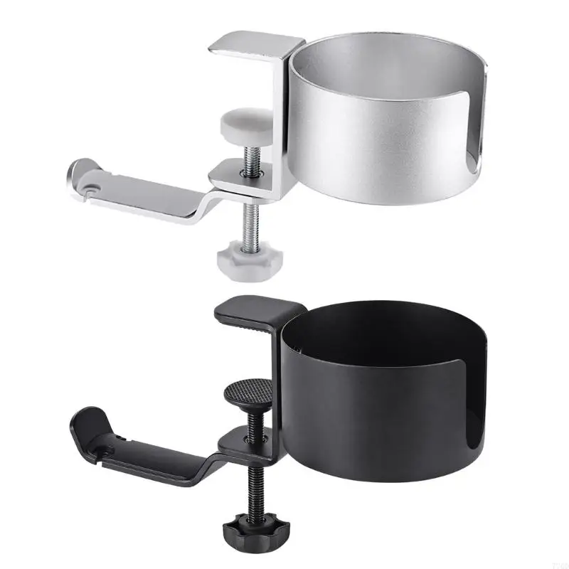 

770D Elegant Metal Headphone Hanger Headset Hook and Mark Cup Holder 2 in 1- 360Degree Swivels Tool-Free Design Silver/Black