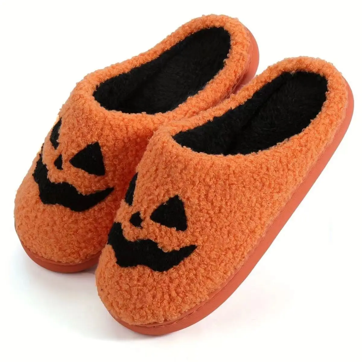 Devil Slide Halloween Pattern Embroidery Stuffed Home Plaid Furry Cotton Slippers Warm Non-slip Indoor Slipper Pumpkin  Mom Gift