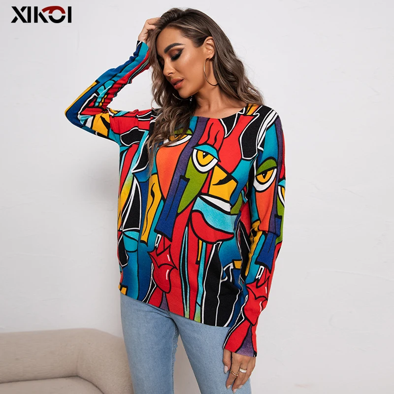 2022 Winter Knitting Sweater Pullovers Women Long Sleeve Tops O-neck Knitted Print Sweater Women Clothes Oversized Female Shirt