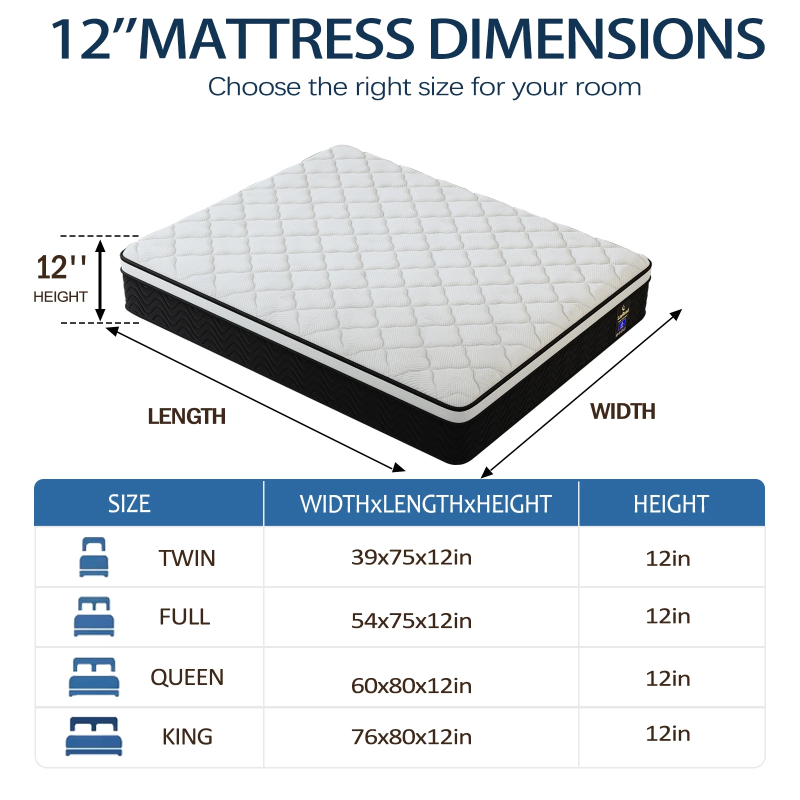 LayRoad 12/14Inch Memory Foam Spring Mattress Single/Double/Queen/King Sizes Boxed Mattress Medium Firmness Pressure Relief