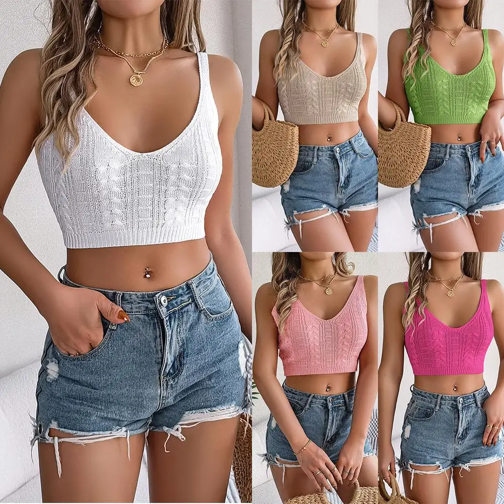 

Pure Color V-Ne Knitted Crop Top Summer Vaion Twist Design Belly Baring Women's Cross-Border Faion Svel Top