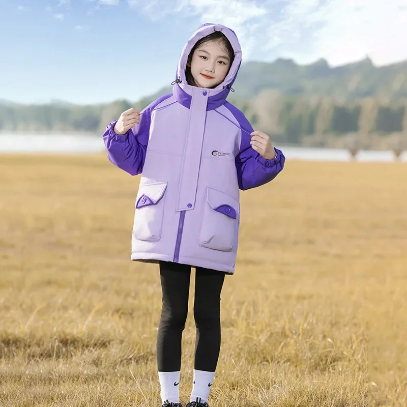 Kids Long Girls Loose Thickened Duck Downjacket White Blue Pink Children Coat Teenagers Hooded Padded Jacket Clothes Winter