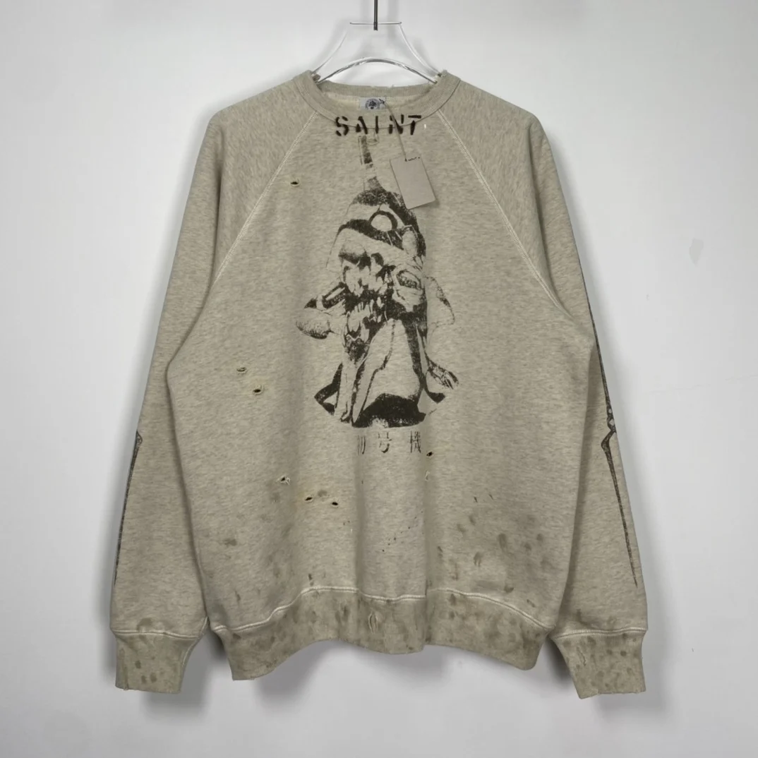 

Top quality Saint EV Collab Ripped Sweatshirts Men Women Vintage Oversize Dirty Faded Crewneck Sweatshirt Men