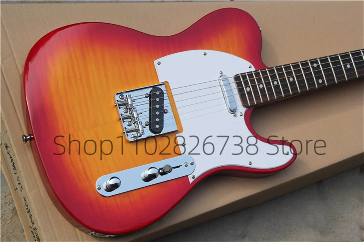 Classic Sunset Cherry Electric Guitar Te Guitar Flamed Maple Top Maple Neck White Guard Fixed Bridge   Factory Custom