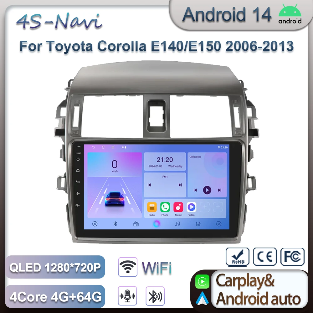 

Android 14 для Toyota Corolla E140/E150 2006-2013 Мультимедийный плеер Carplay Головное устройство Авто Радио Навигация Стерео Без 2Din DVD