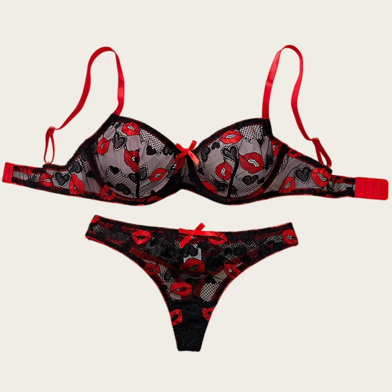 

Сексуальное женское белье, женское кружевное нижнее белье, красный принт губ, эротическое белье, комплект нижнего белья с тремя точками, мягкое интимное прозрачное белье