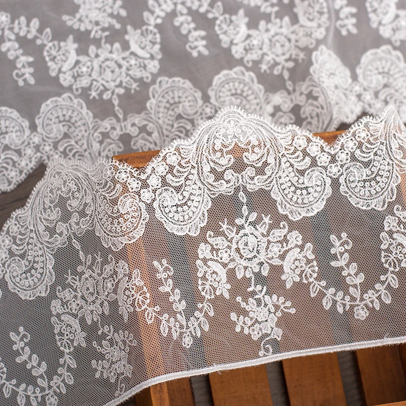 1Yd/Lot 13.5cm Wide Transparent Mesh Off White Flower Embroidery High Quality Lace Trim For Garments And Wedding Decoration