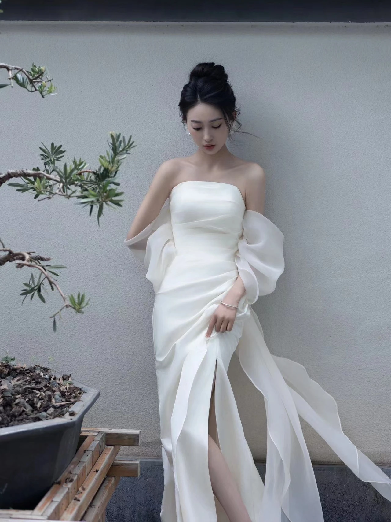 

Ele White Bridal Morning Robe Women's Engagement Celebration Dr Long Skirt Fairy T Wedding Gown High Waist Zipper