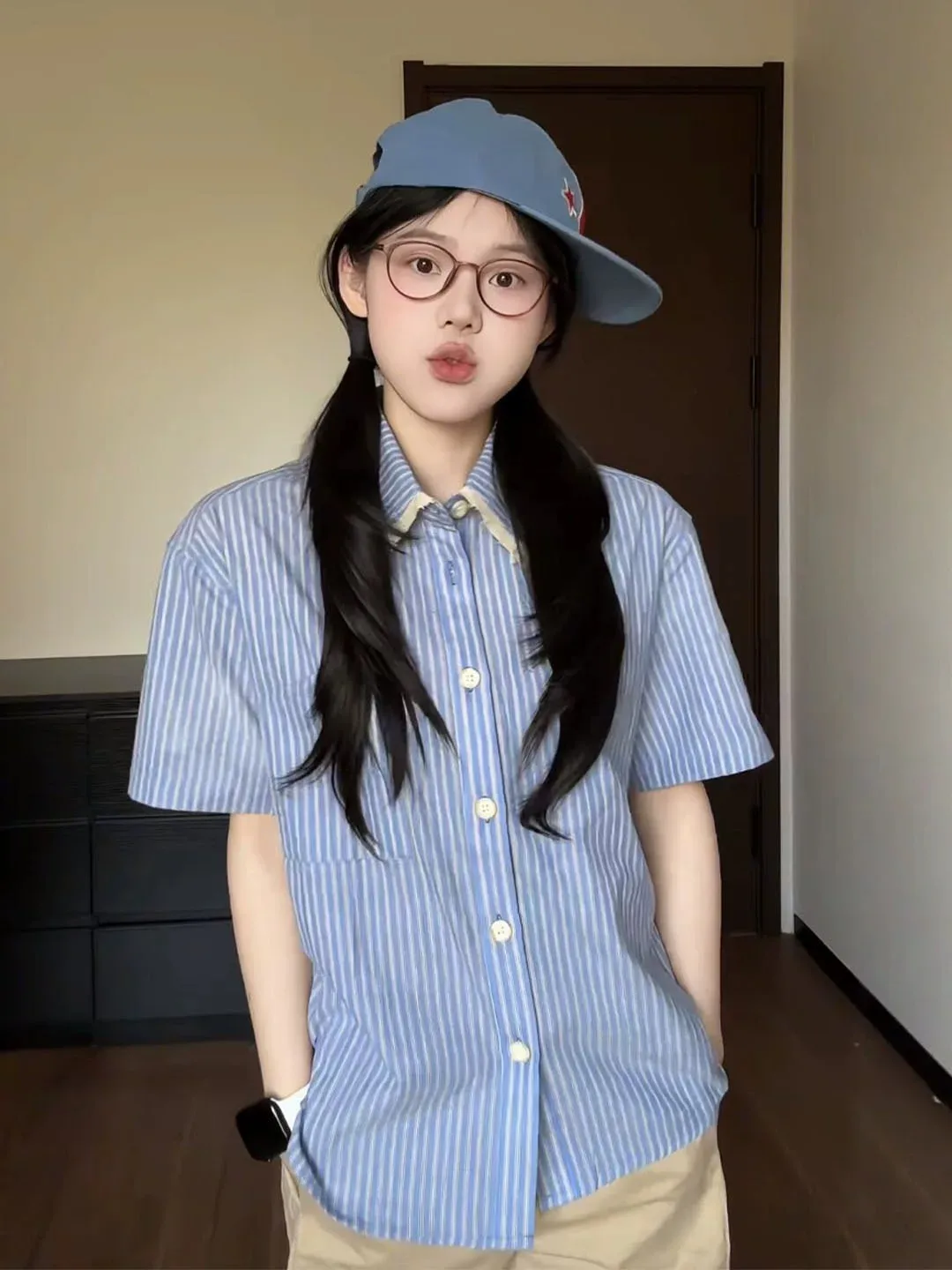 

Summer Blue Striped Patchwork Collar Short Sleeve Casual Shirt Women's Slimming Half Sleeve Blouse Simple Design Loose Fit Po...