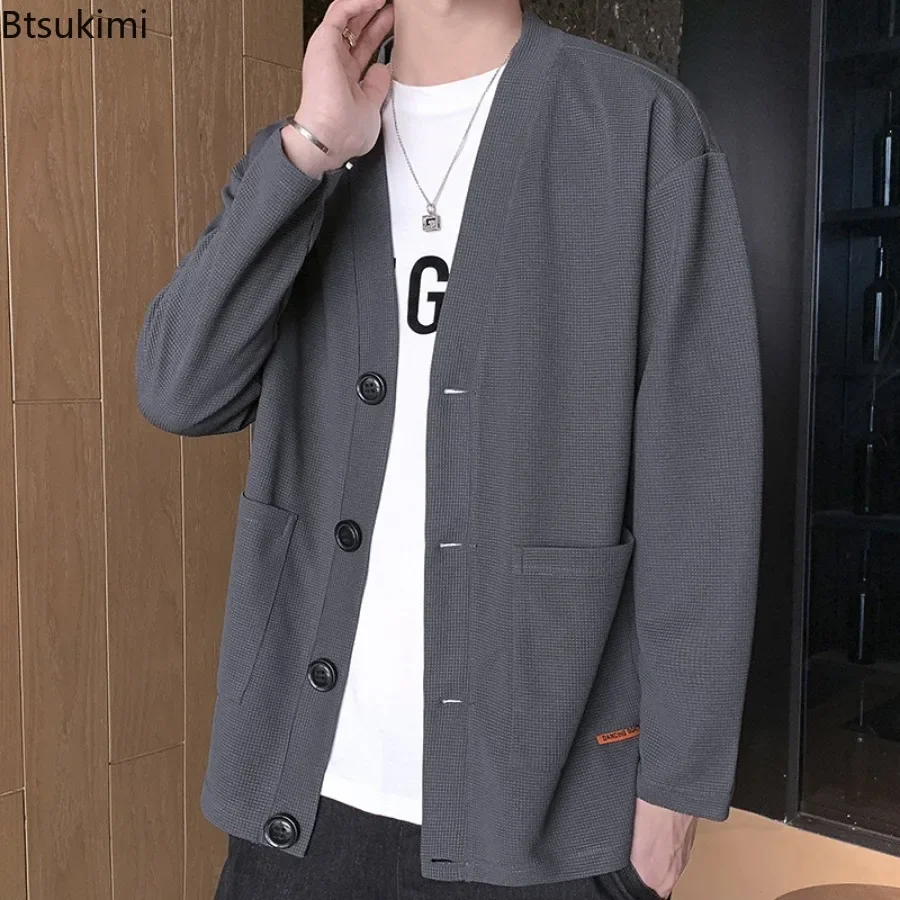 2024 Men's Waffle V Neck Cardigan Hoodies Fashion Splice Pockets Business Casual Jacket High-end Handsome Trench Coats Tops Male