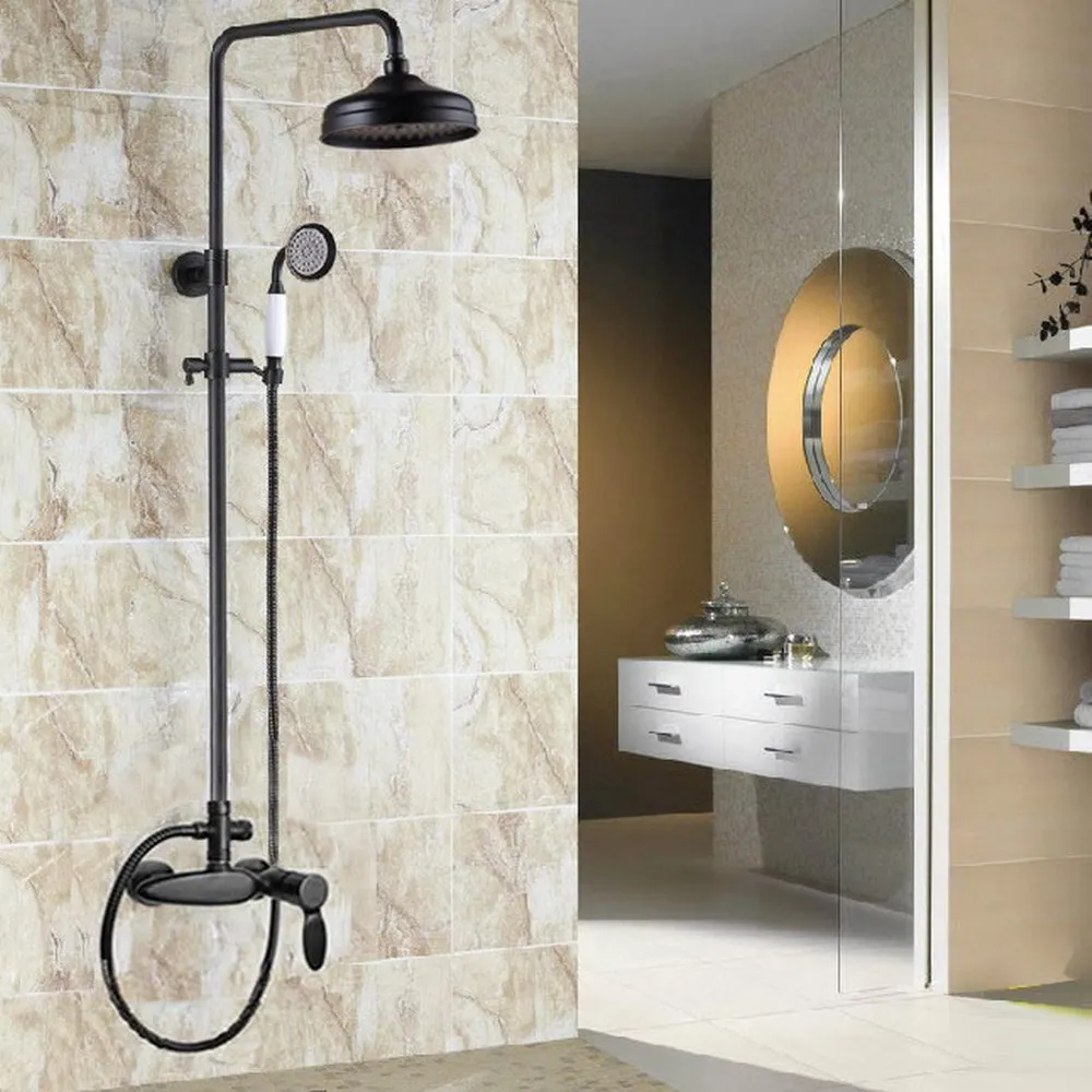 

8 inch Round Rainfall Oil Rubbed Bronze Antique Brass Shower Faucet Set - Showerhead Wall Mounted Single Handle Lever ars433