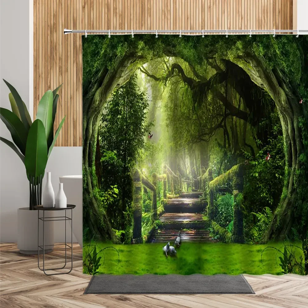 Tropical Forest Shower Curtain, Nature Scenery Green Tundra Forest Waterfall River Animal Bridge, Bathroom Decorative Partitions