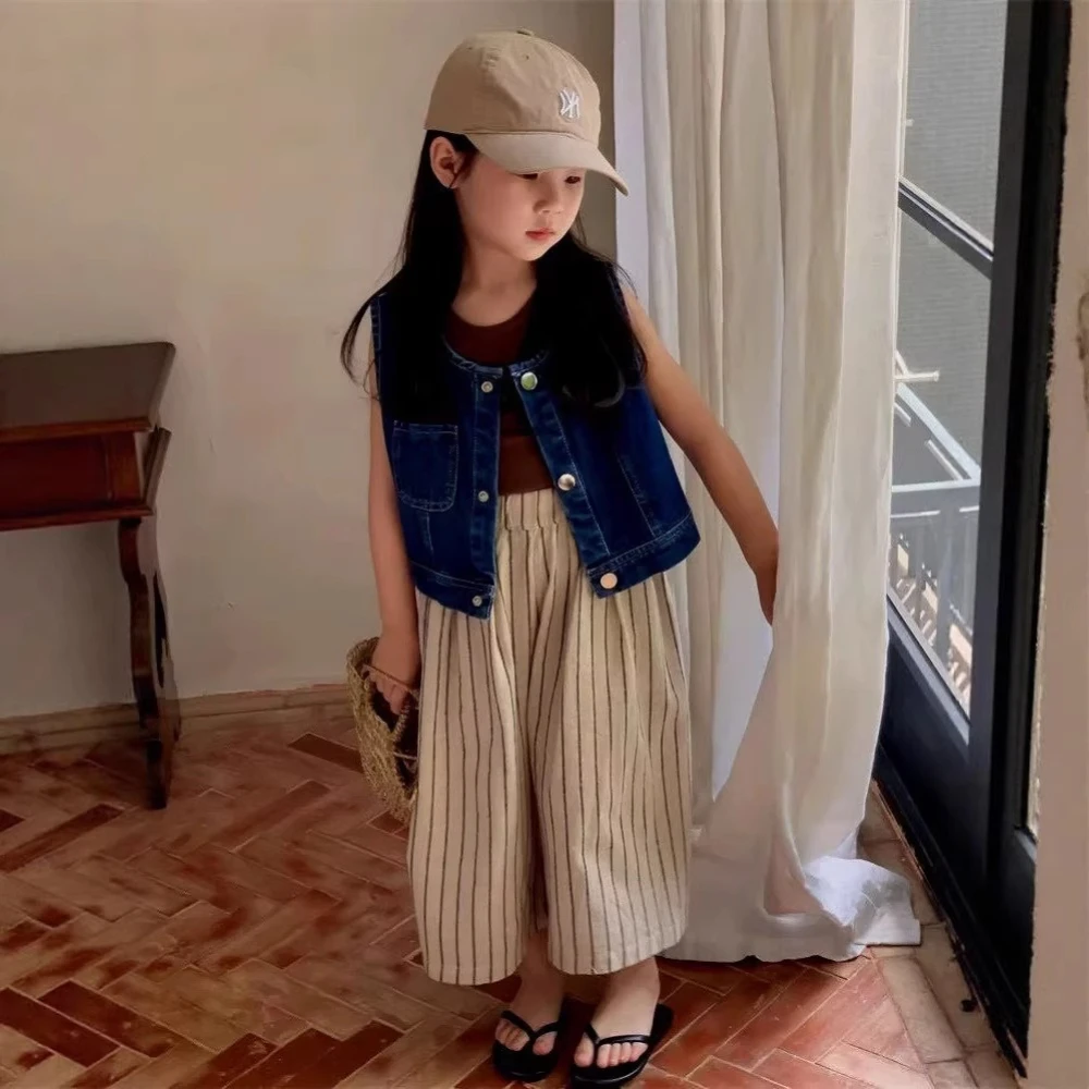 2026 Summer Girls' Clothing Cowboy Sleeveless Vest - A Korean Style Fashion Versatile Casual Vacation Style for 2-7 Year Olds