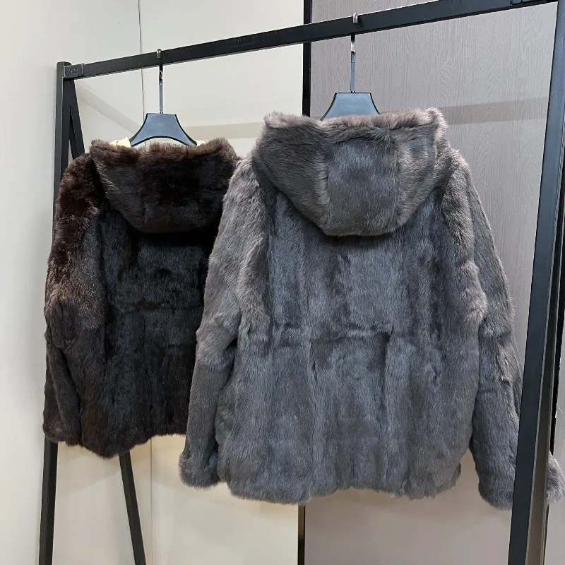 冬のレディースパーカー リバーシブル ラビットファー付きフードデザイン ツーインワン 暖かいウールコート 長袖 シングルブレスト フェイクファー トップ