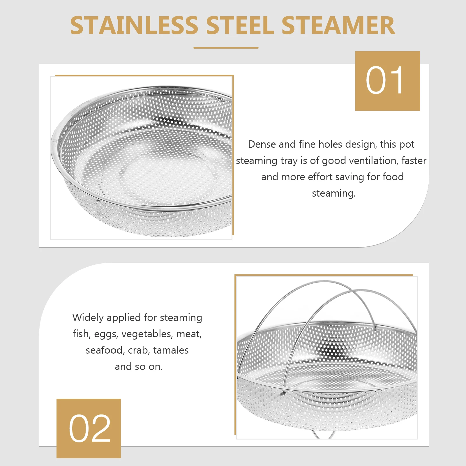 

Stainless Steel Steaming Basket With Fine Holes Fast Even Heating Multi-Functional Pot Steamer For Vegetables Seafood Rice