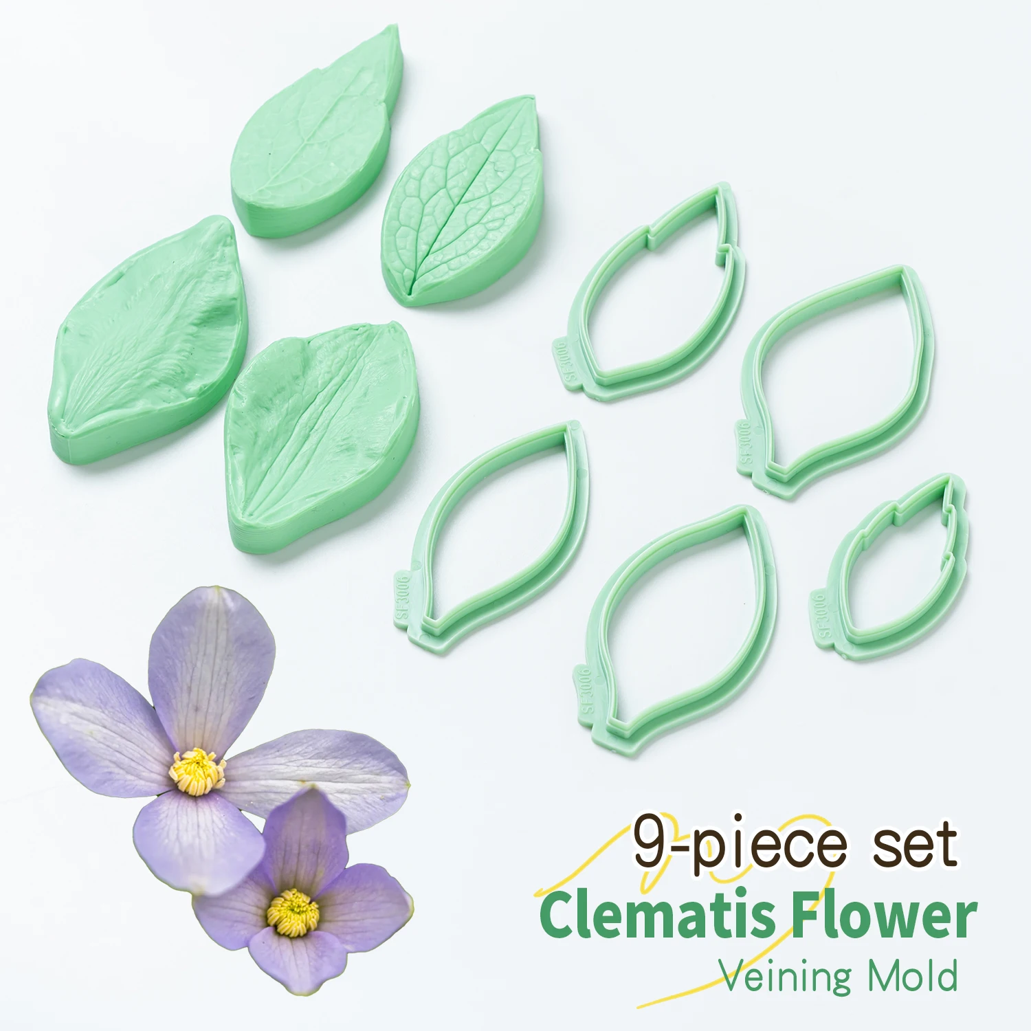 Clematis Flower Fondant Mold Set Petal Silicone Veining Mold Plastic Cutters DIY Gum Paste,Sugarcraft DIY Baking Cake Decor