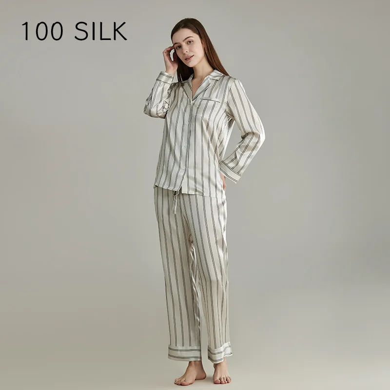 100% Mulberry Silk Pajama Set Men and Women's Couple Striped Pajamas Long Sleeve Trousers Loungewear PJ Nightwear Family Pijamas