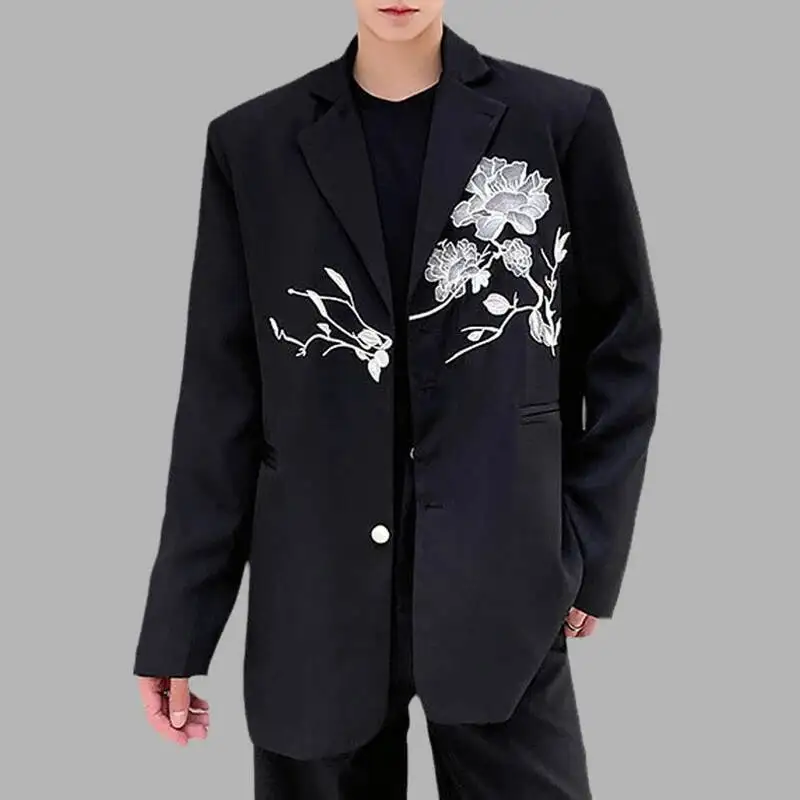 Men's Flower Embroidery Blazers Lapel Long Sleeve Button Casual Suits Coats Autumn Streetwear Fashion Versatile Outerwear Jacket