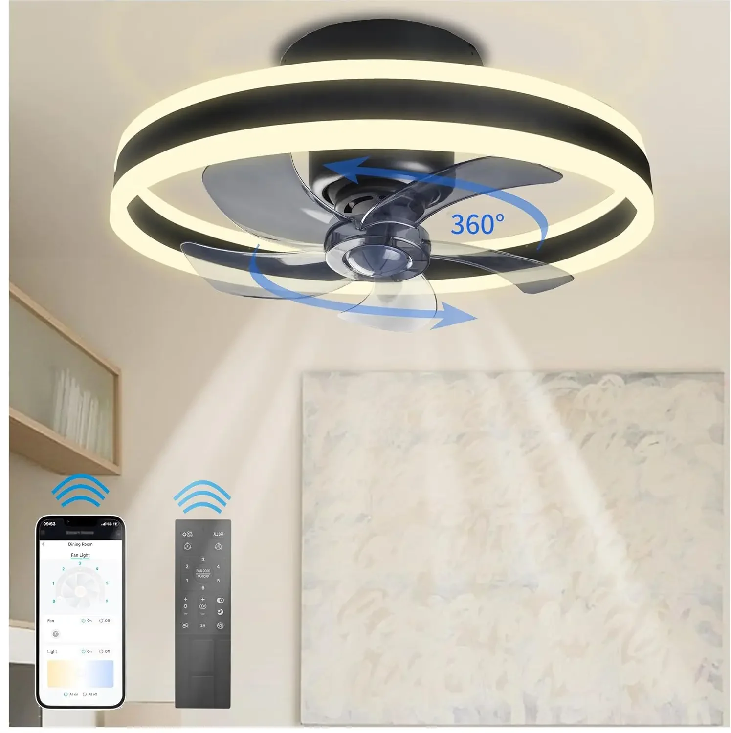 

Elegant Dimmable Bladeless Ceiling Fan with Light, 19'' Low Profile Modern Fan, Remote Control, 6 Speed Settings for Bedroom, Li