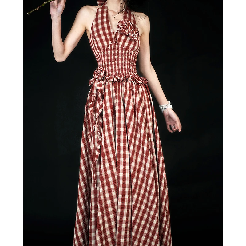 Mexzt vintage xadrez vestido longo feminino férias praia sexy halter floral maxi vestidos de verão coreano sem costas bodycon vestidos novo