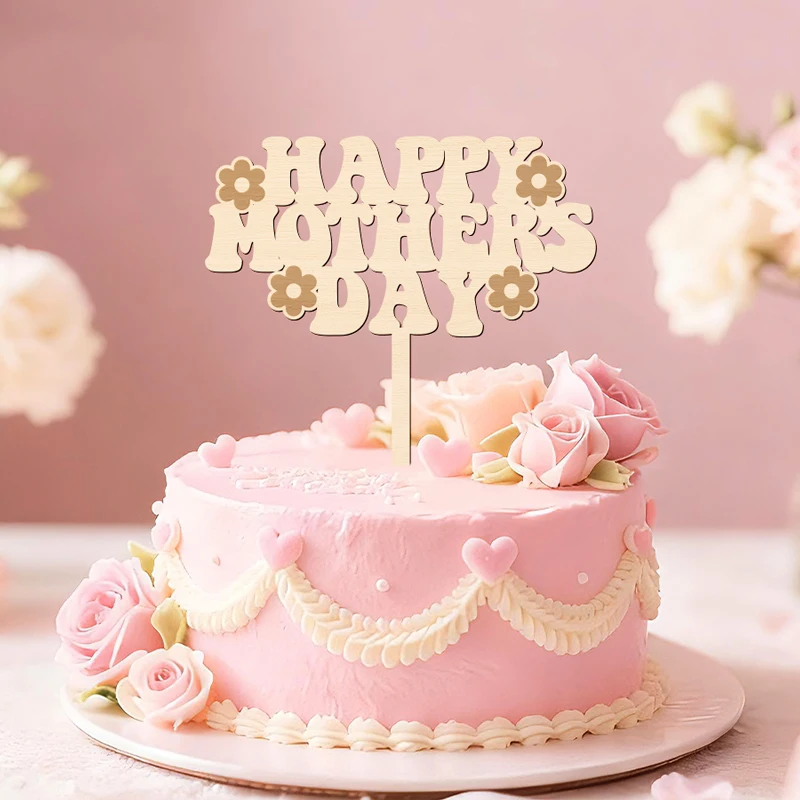 YOMDID Happy Mother's Day Kuchenaufsatz aus Holz mit Blumen, Muttertags-Kuchendekoration, Kuchenschild, Kuchenaufsatz