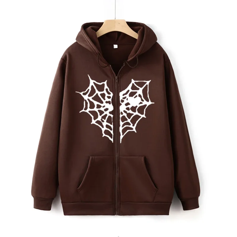 Spider Web Graphic Hoodies Women Men Casual Zip up Sweatshirt Harajuku Streetwear Y2k Hooded Jacket Zipper Cardigan Brown Emo