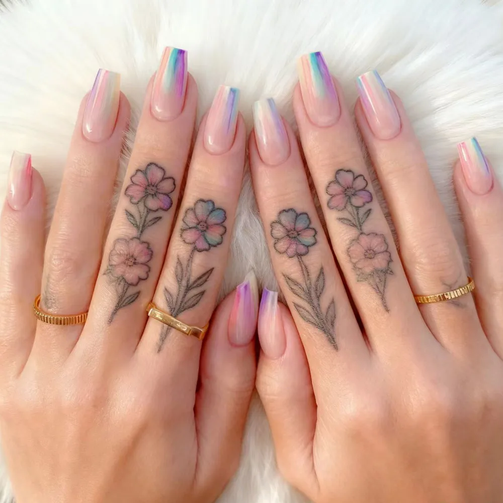 

Rainbow Gradient Fake Nails Press Ons Glossy Long Coffin Tips with Glue for Woman DIY Finger Manicures Wholesale