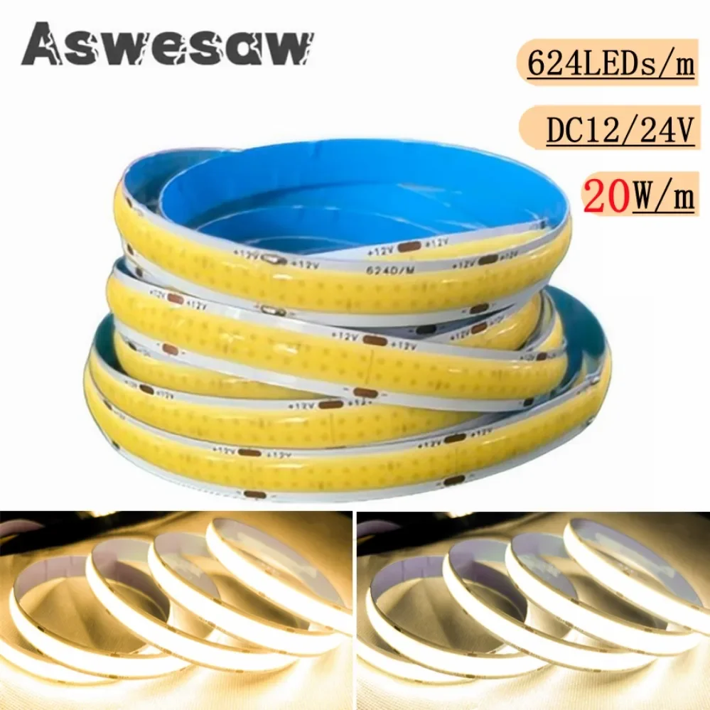 

DC12V/24V COB LED Lights Strip Double Row High Brightness Flexible FOB LED Tape 624LEDs/m RA90 3000K 4000K 6000K Dimmable Strip