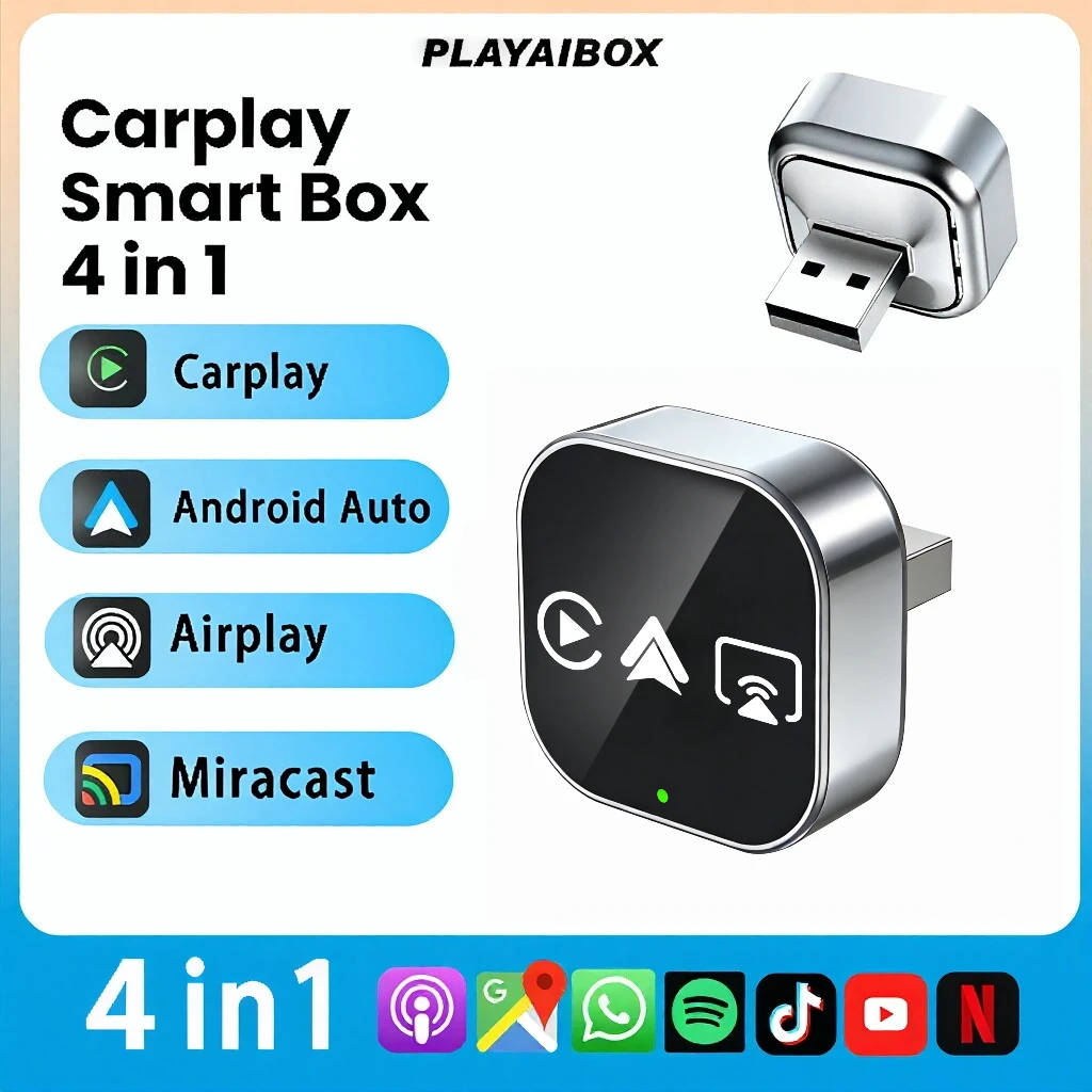 

Умный беспроводной донгл 4-в-1 для CarPlay и Android Auto с функцией Mirror Link, USB, Plug and Play, автоматическое подключение по Wi-Fi для Apple и Android