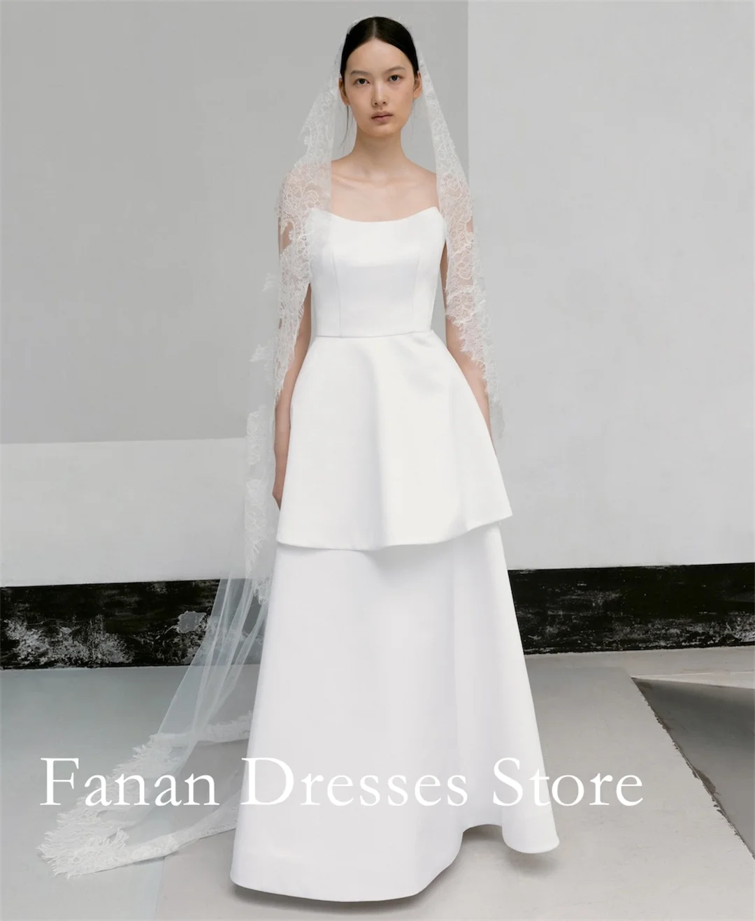 Straight Square Neck Strapless Wedding Dress Two Layer Peplum Overlay wedding Dresses A Line Midi Bridal Gown Minimalist