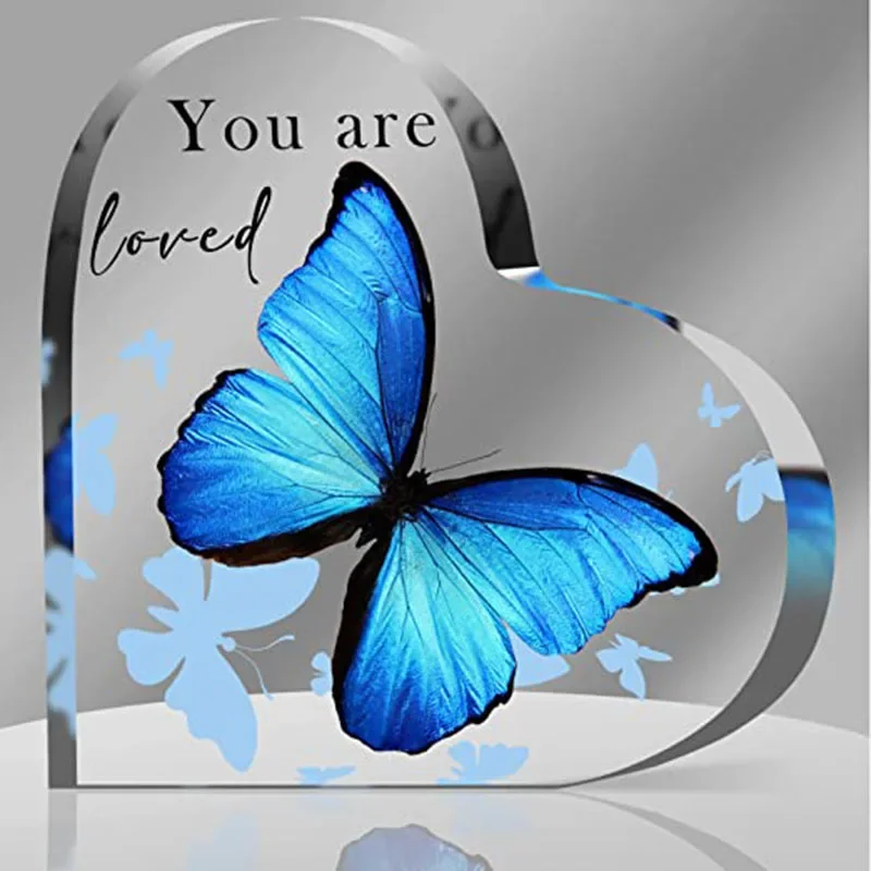 2D， Blue butterfly heart-shaped acrylic desktop decoration, suitable for home decoration, holiday celebrations, birthday parties
