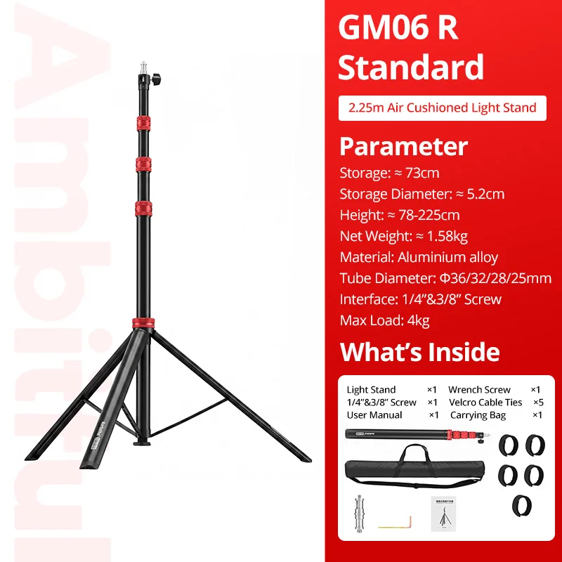 Ambitful GM06 P/R Paars Rood 225cm lichtstandaard met luchtkussen en 1/4" & 3/8" schroef, snelkoppelend statief voor camera, LED-licht en flitser