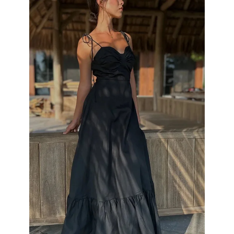 

Women's Retro Commuter Dress Summer Black V-neck Multi-layered Stitching Beach Holiday Casual Fashion Sexy Suspender Dress